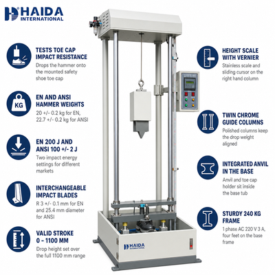 Máquina de Teste de Resistência ao Impacto de Biqueira para Calçados de Segurança HAIDA Safety Footwear Impact Tester EN ANSI Standard Shoe Testing Equipment