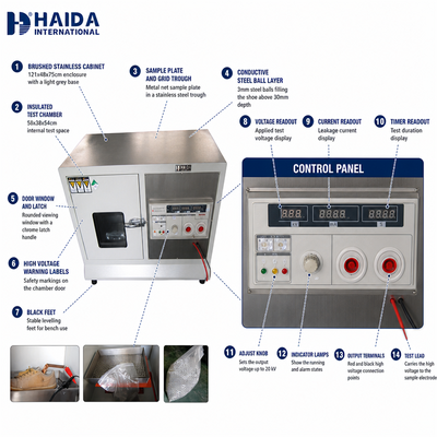 Equipamento de Teste de Calçados HAIDA com Testador de Tensão Suporta Máquina de Teste de Tensão de Isolamento de Solado de Calçados ISO 20345